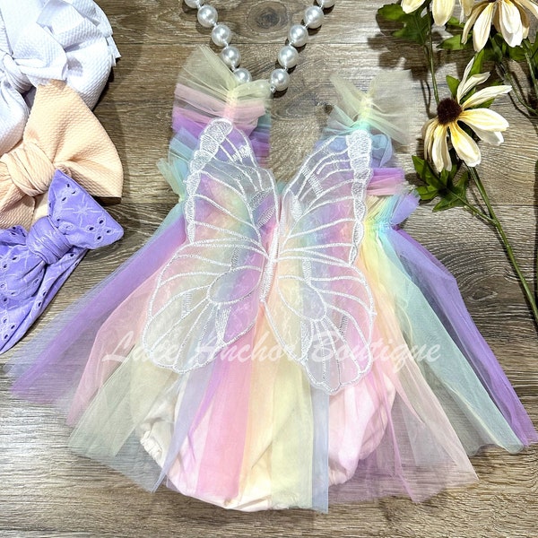 Fairy Wing Tulle Pastel Rainbow Romper - First Birthday Party Dress in Blush Pink, Lilac, Coral -  Butterfly Baby One Year Photoshoot Outfit