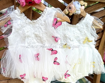Butterfly Embroidered Floral White Tulle Romper - Butterflies Photoshoot First Birthday - Cake Smash Outfit - Baby Girl Garden Party Dress