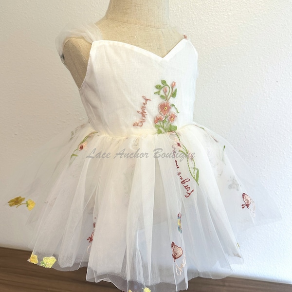 White Floral Embroidered Tulle Flower Girl Romper, Elegant Tutu Girls First Birthday Dress - Toddler Garden Tea Party Cake Smash Outfit