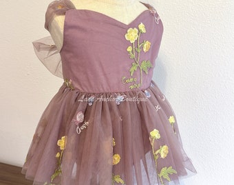 Lila Blumen bestickter Tüll Blumenmädchen Strampler, Pflaumen-Tutu Mädchen erster Geburtstag Kleid - Garten-Tee-Party-Kuchen zerschlagen Kleinkind-Outfit