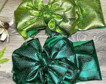 Mega Jumbo Solid Metallic Stand-Up Green Headwraps - Hunter Emerald Lime Messy Shimmer Bow Headbands - Fluffy Oversized Big Ruffle Wrap Bows