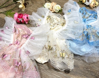 Bordado floral rosa, crema, azul tul romper - traje de pastel de sesión de fotos - bebé niña rubor marfil primer cumpleaños vestido de mariposa