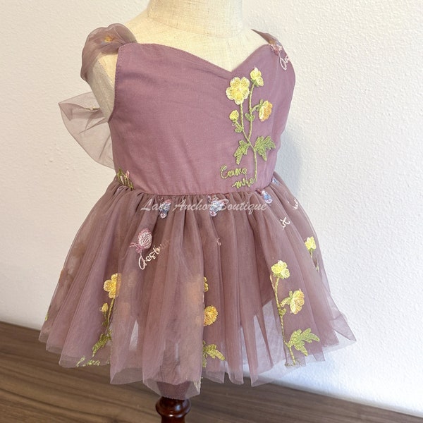 Purple Floral Embroidered Tulle Flower Girl Romper, Plum Tutu Girls First Birthday Dress - Garden Tea Party Cake Smash Toddler Outfit