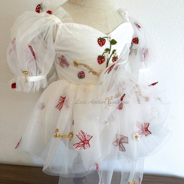 White Strawberry Embroidered Puff Sleeve Girls Romper - Shortcake Smash Cake Tutu Skirt - Big Bow Garden Tea Party Ruffled Outfit