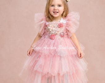 Blush Pink Flower Girl Dress, Girls Tulle Birthday Dress, Floral Applique Princess Dress, Toddler Fairy Dress, Lace Wedding Party Dress