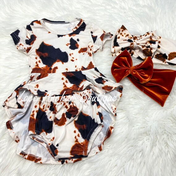 Brown Black Western Girls Baby Toddler Outfit White Cow Print Bummie and Short Sleeve High Low Peplum Top Set