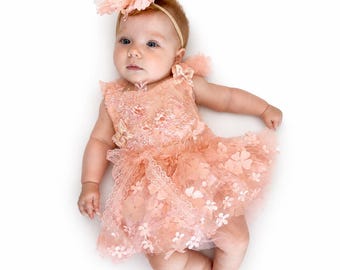 Coral Baby Girl Romper, First Birthday Outfit, Floral Lace Romper, Cake Smash Outfit Girl, Baby Flower Romper, Princess Birthday Outfit