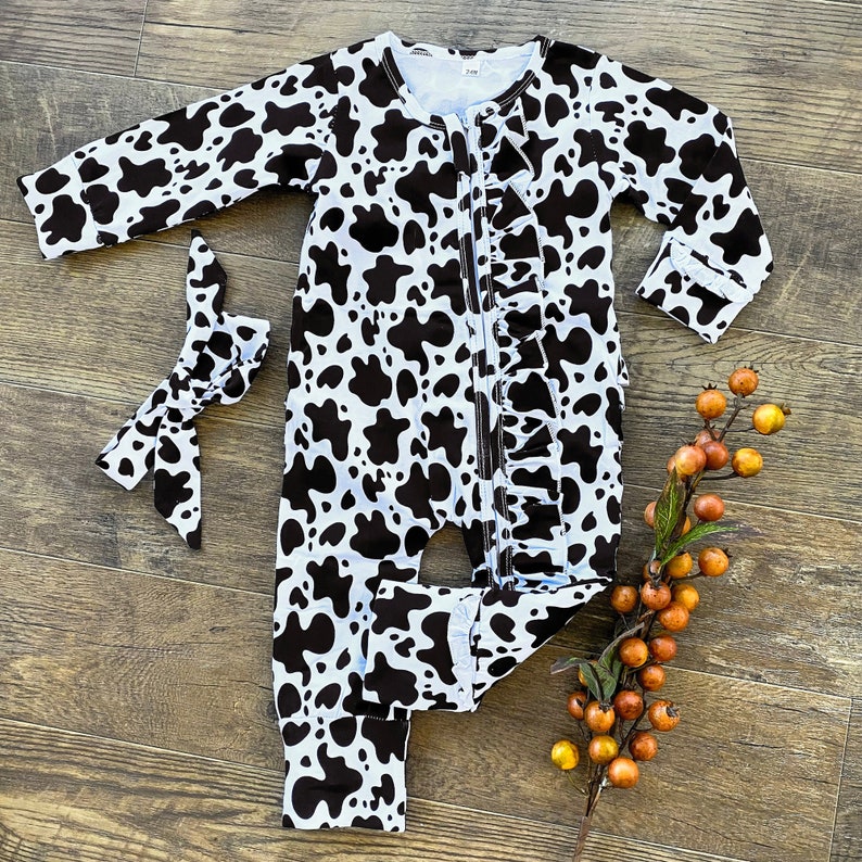 Black and White Cow Print Onesie Ruffle Onesie Romper Etsy