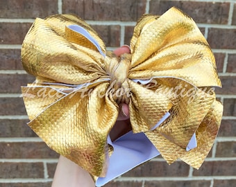 Gold Mega Jumbo Solid Metallic Stand-Up Headwraps - Texas Size Messy Shimmer Wrap Hair Bow Headbands - Fluffy Oversized Big Ruffle Bows