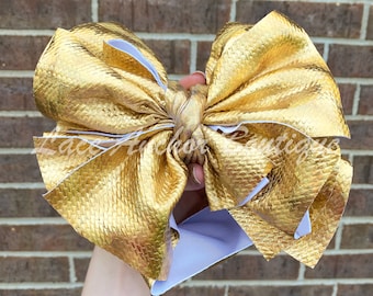 Gold Mega Jumbo Solid Metallic Stand-Up Headwraps - Texas Size Messy Shimmer Wrap Hair Bow Diademas - Arcos de volantes grandes esponjosos de gran tamaño