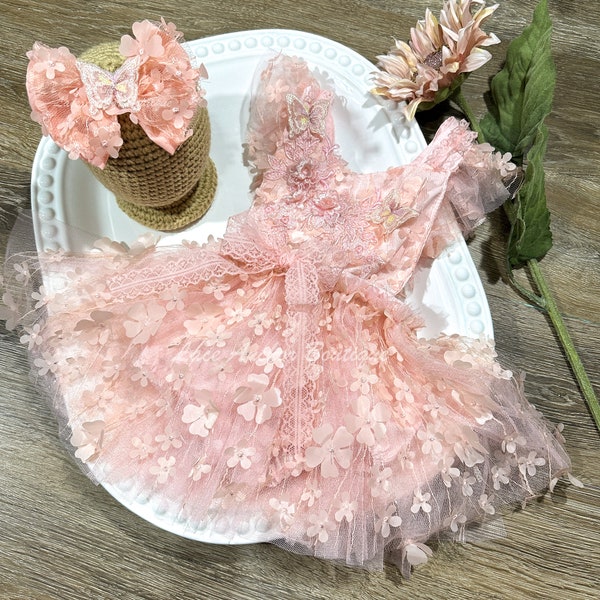 Embroidered Floral Light Coral Tulle Romper - Pink Butterfly Photoshoot First Cake Smash Outfit - Baby Girl Blush Butterfly Half Birthday