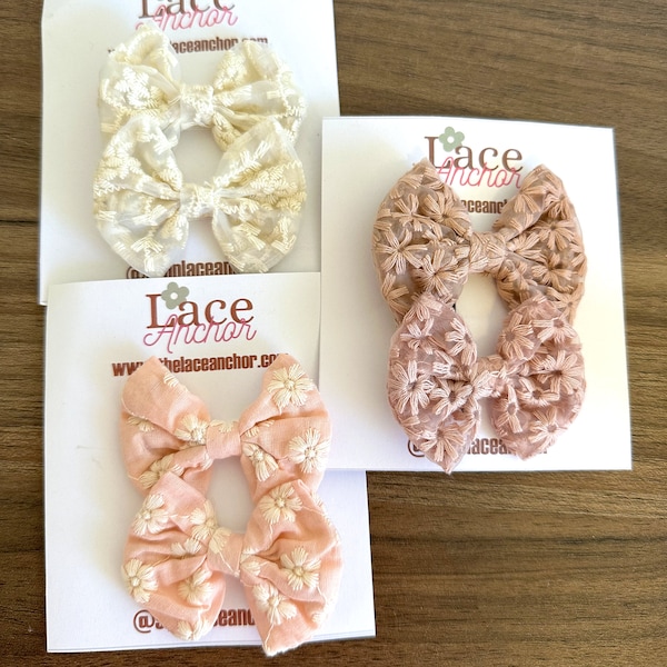Lace Knotty Piggie Bows - Toddler Baby Girly Embroidered Knotted Piggies Hair Bow - Champagne Ivory, Blush Pink, Dusty Mauve Kids Clip Bow