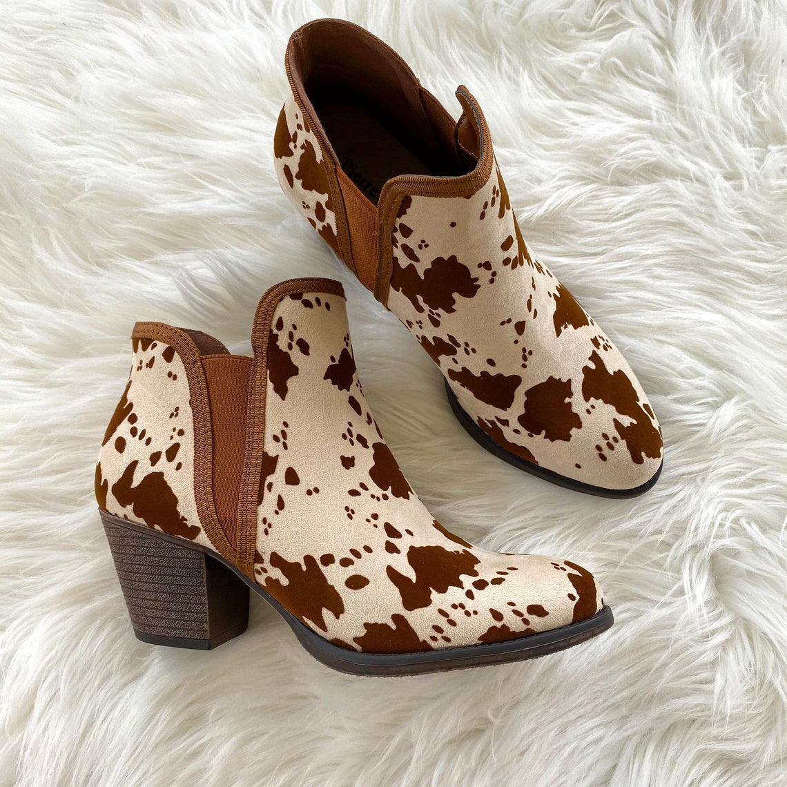Heeled Cow Print Bootie Brown & White Boot Western Boho Etsy