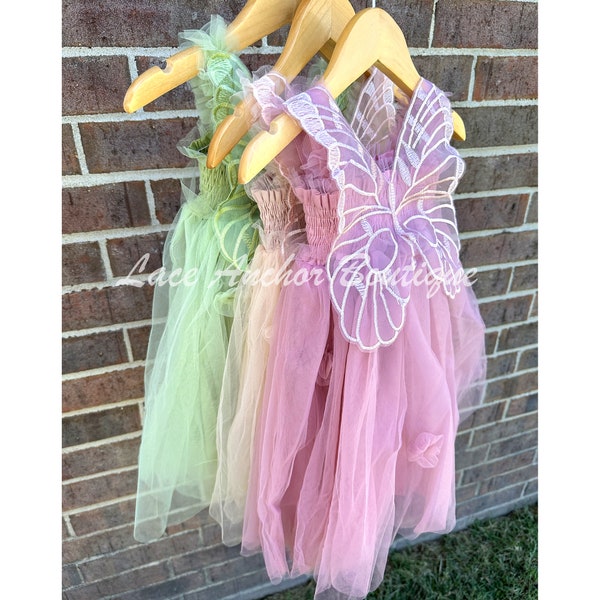 Fairy Wing Smocked Tulle Flower Girl Twirly Dress - Sage Green, Mauve Pink, Champagne Beige - Butterfly Garden Birthday Princess Party Dress