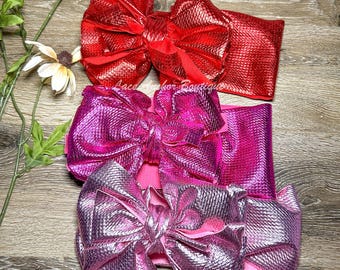 Mega Jumbo Solid Metallic Stand-Up Headwraps - Texas Size Messy Shimmer Wrap Bow Headbands - Hot Pink Red Fluffy Oversized Big Ruffle Bows