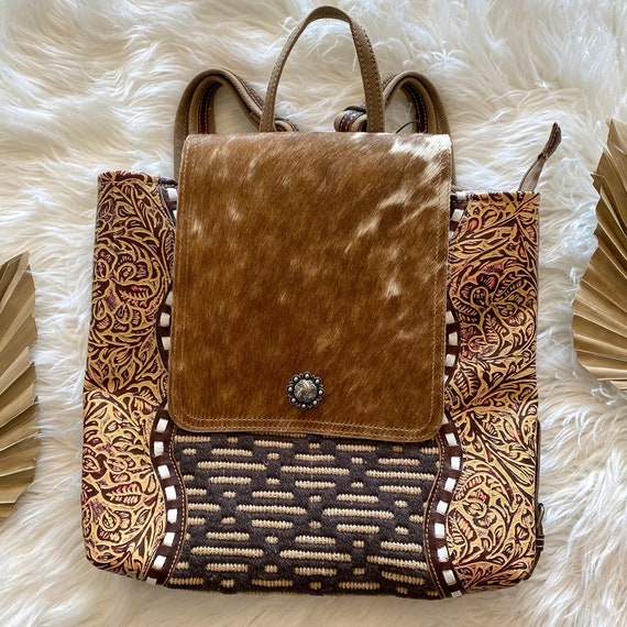 Tan Tooled Leather Cowhide Backpack 