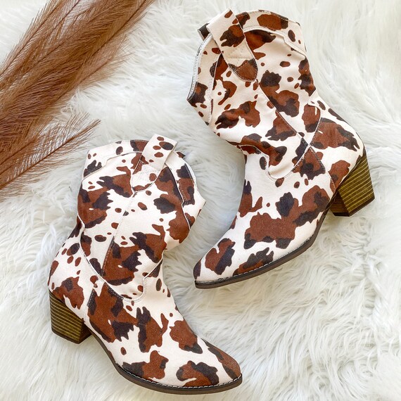 Brown and white cow print boots Clearance