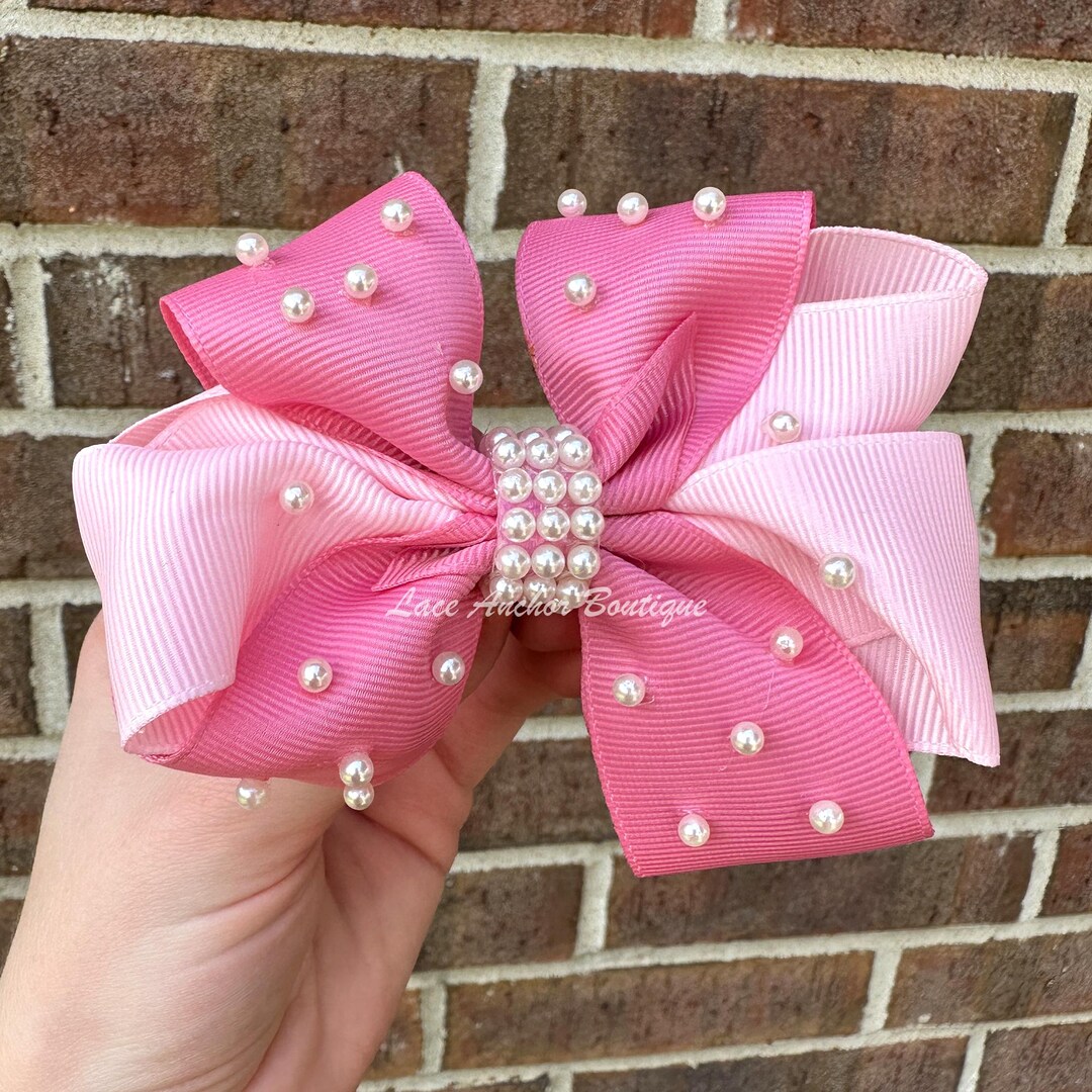 Double Pink Pearl Ribbon Clip Bows - Hot Pink, Light Pink, Blush Pearls ...