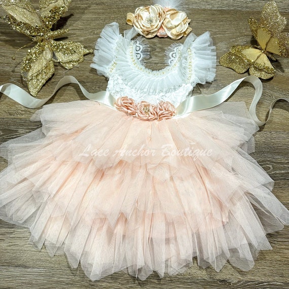 Light Peach Tulle Floral White Lace Dress - Ruffled Beaded Flower Girl Tutu  Dress - Coral Toddler Girls Garden Tea Party Birthday Outfit - Etsy