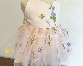 Blush Floral bestickt Tüll Blumenmädchen Strampler, hellrosa elegante Tutu Mädchen ersten Geburtstag Kleid - hellrosa Garten Tee Party Outfit