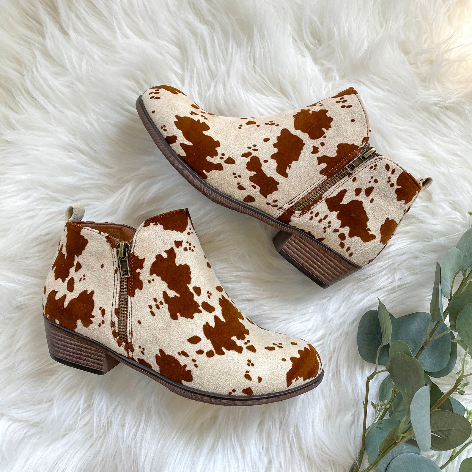 Low Heel Cow Print Bootie Brown & White Boot Western Boho Etsy