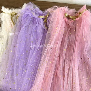 Golden Starry Tulle Fairy Cape - Girls Tied Gold Star Enchanted Pixie Cloak Robe
