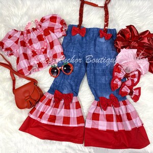 3-4T Red and Pink Gingham Girls Outfit - Sequin Checkered Valentine's Day Pant Set - Glitter Suspender Pageant OOC - Girl Casual Wear