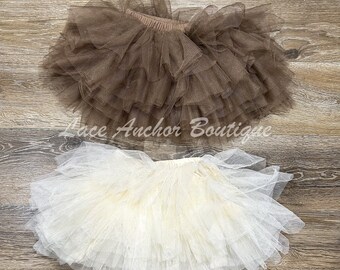 Layered Ruffled Light Brown or Ivory Tulle Tutu Skirts - Girls Toddler Baby Tulle Bottoms