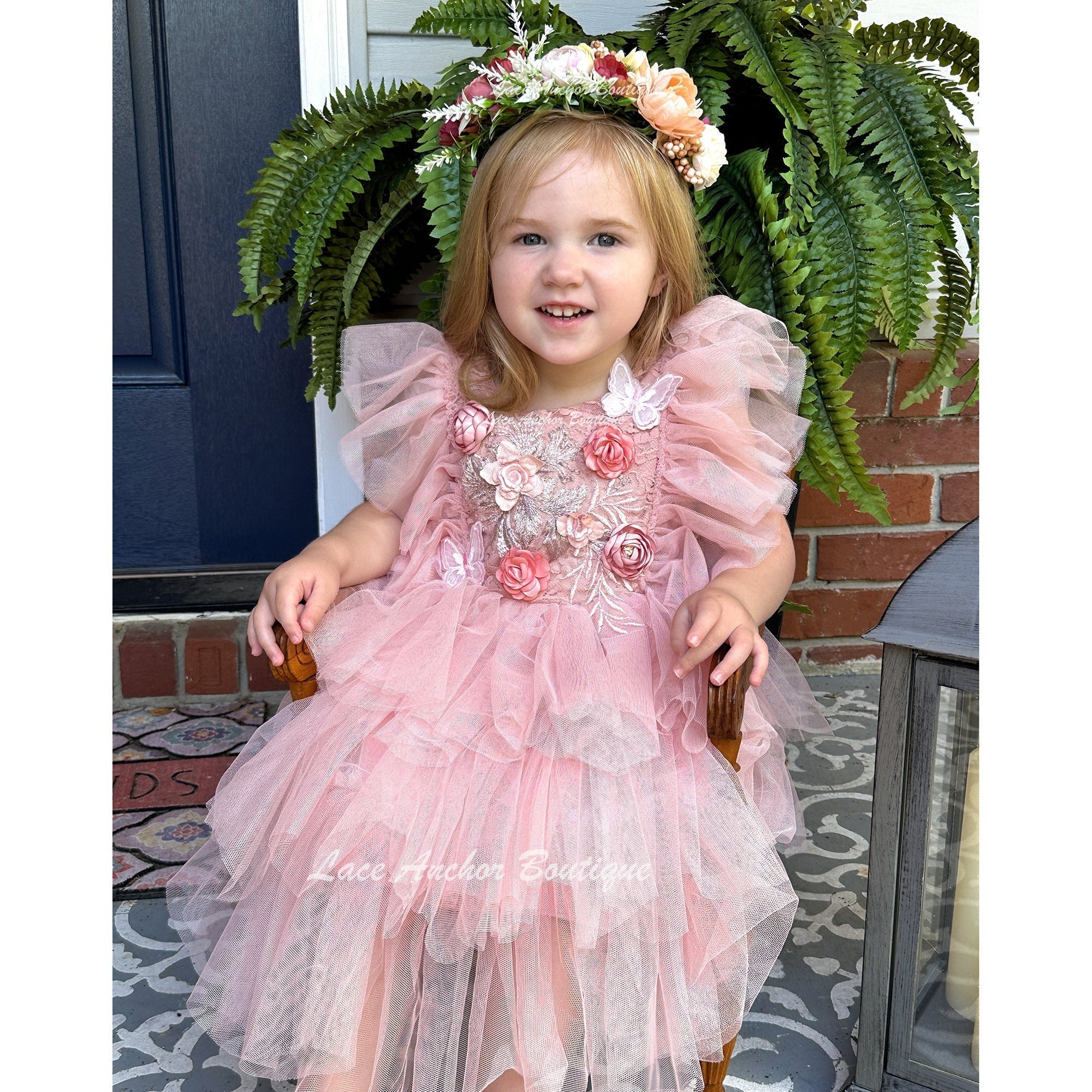Lace Embroidered Tulle Pink Flower Girl Dress, Blush Floral Ruffled — free download