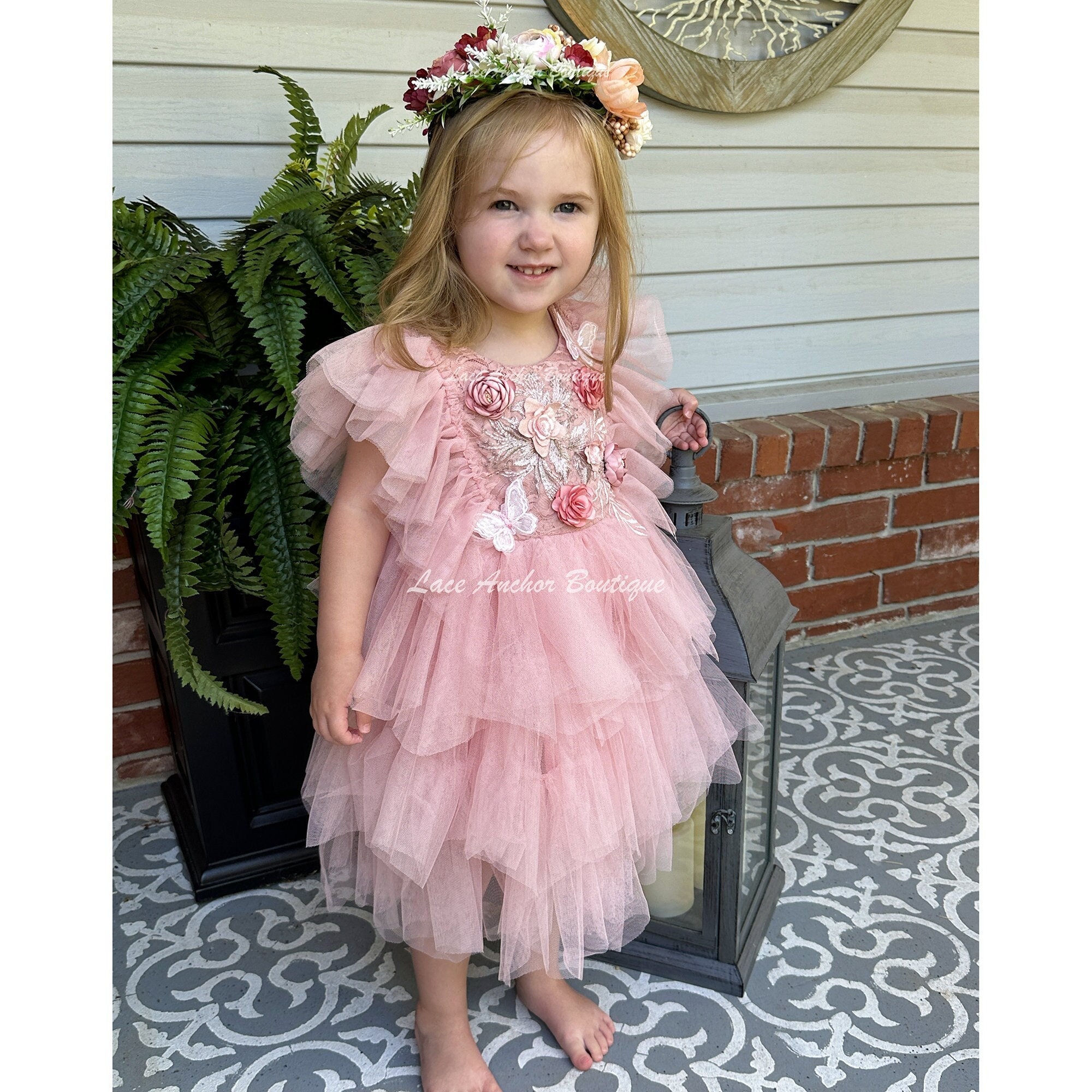 Lace Embroidered Tulle Pink Flower Girl Dress, Blush Floral Ruffled — free download