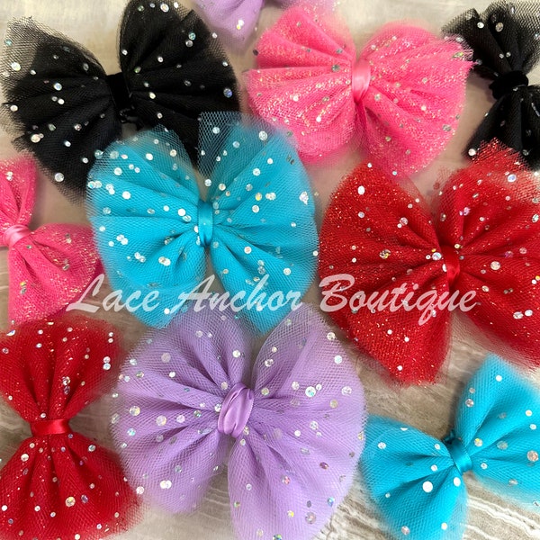 Glitter Sparkle Tulle Hair Bow or Piggies - Glitter Spec Toddler Child Girls Hair Bow - Turquoise, Hot Pink, Red, Black, Teal Kids Clip Bow