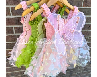 Fairy Wing Tulle Smocked Butterfly Dress - Rainbow, Pink, Green First Cake Smash - Butterfly Garden Second Birthday Girl Party Princess