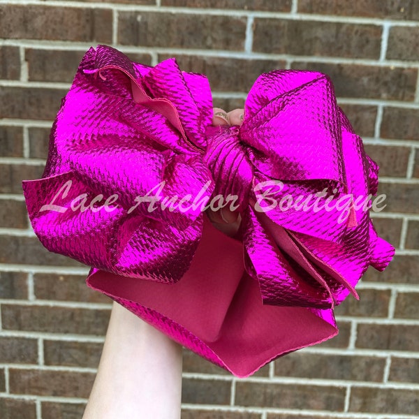 Hot Pink Mega Jumbo Solid Metallic Stand-Up Headwraps - Texas Size Messy Shimmer Wrap Bow Headbands - Fluffy Oversized Big Ruffle Bows