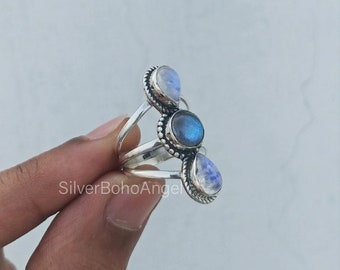 AAA+Quality Rainbow Moonstone & Labradorite Gemstone Ring,Boho Ring,925Antique Silver Ring,Double Stone Ring,Unique Beautiful ring,Gift Ring