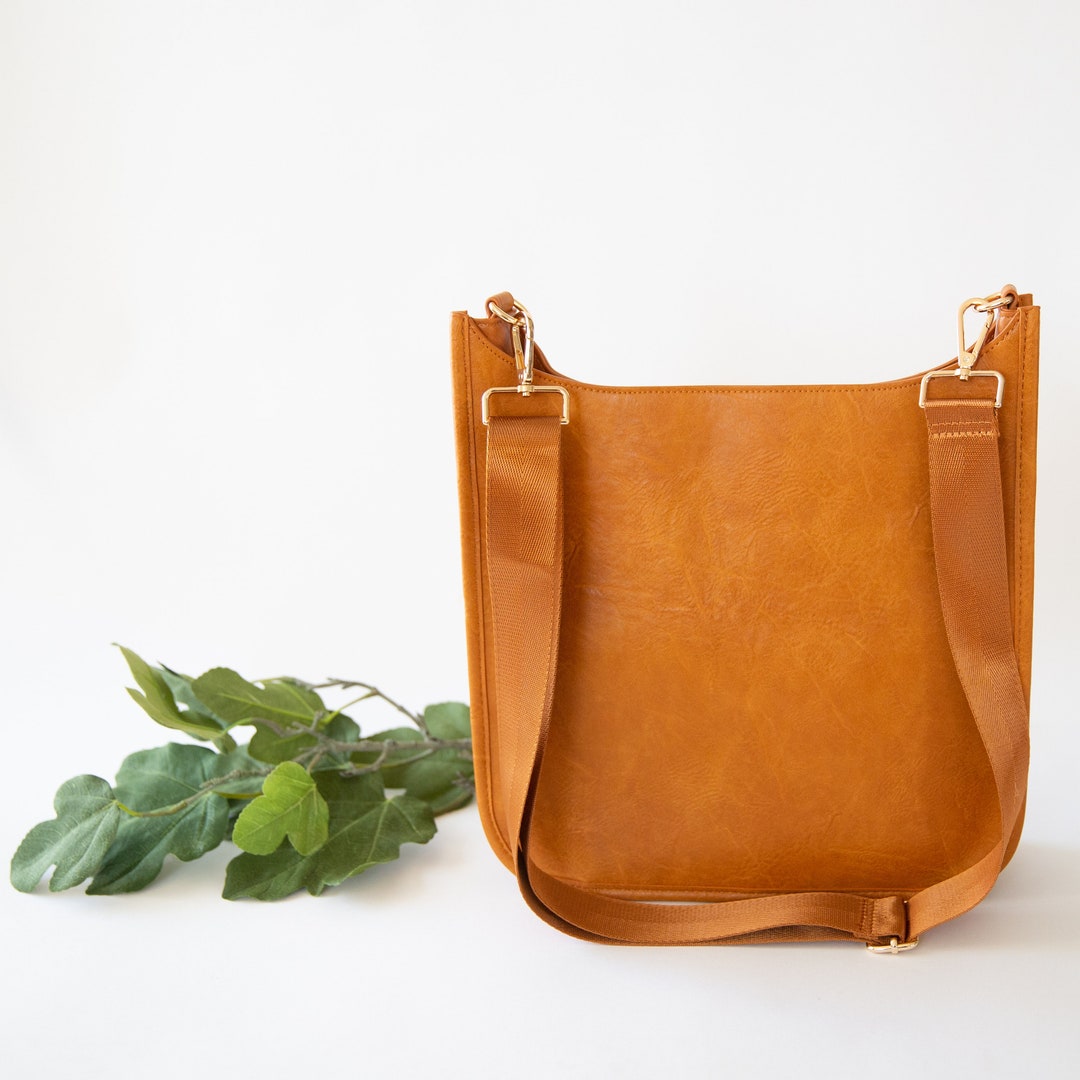 Vegan Leather Messenger Bagcognac Etsy