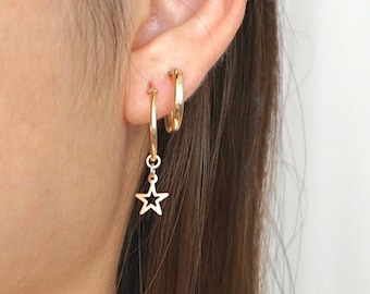 Gold Star Hoop Earrings / Star Charm Earrings / Starburst Huggie Earrings