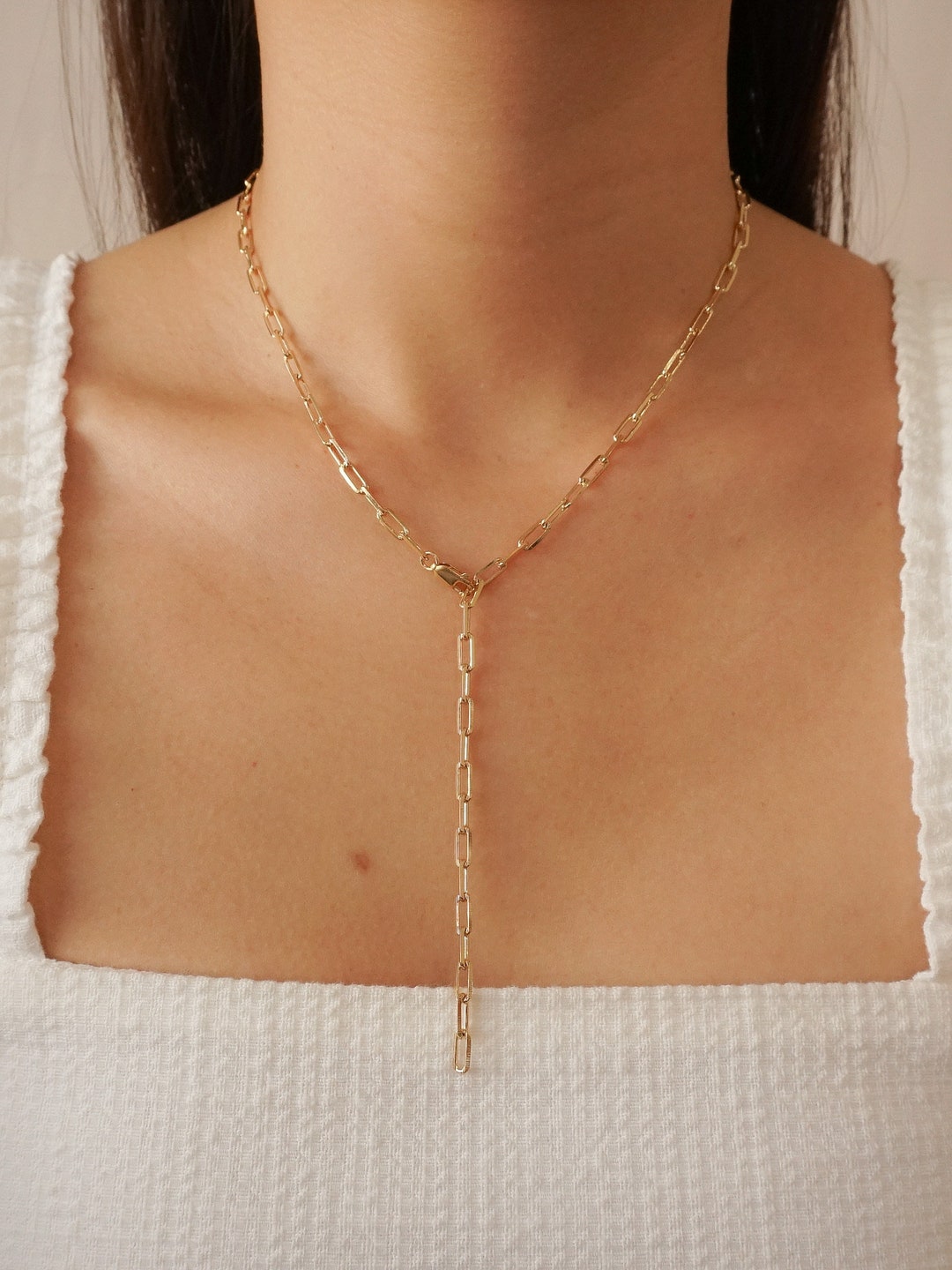 14k Gold Filled Paperclip Lariat Necklace / Chunky Rectangle Link
