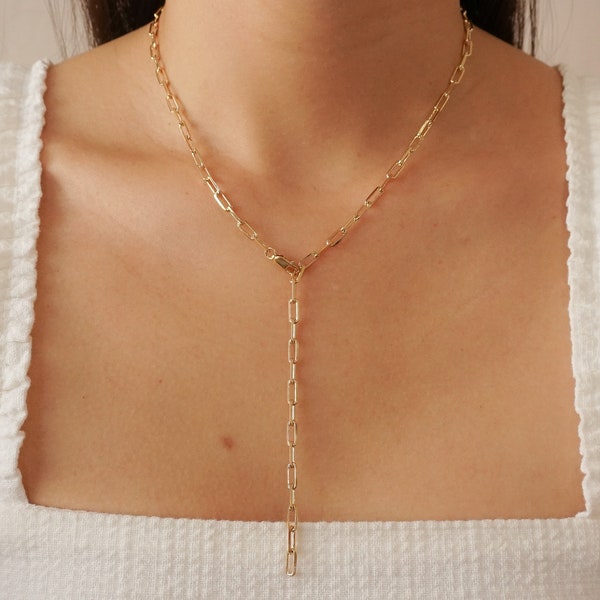 14k Gold Filled Paperclip Lariat Necklace / Chunky Rectangle Link Necklace / Gold Rectangle Link Necklace / Multi-Way Adjustable Y Necklace