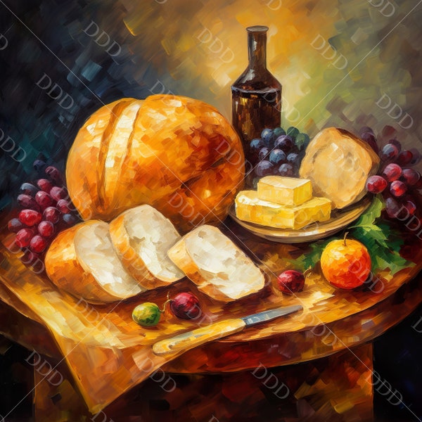 Wine and Cheese Art, Downloadable, Oil Painting Style, JPG, HI-RES