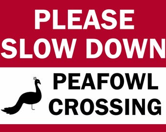 Please slow down Peafowl crossing metal sign farm gate cattery wall fence road sign Plaque
