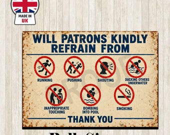 Funny Swimming Pool Rules Metal Sign: Novelty Hot Tub Decor Plaque