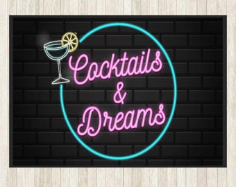 Cocktails & Dreams Metal Sign: Neon Style Bar Decor