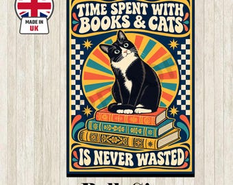 Funny Cat & Books Metal Sign: Vintage Style Kitchen Decor Plaque
