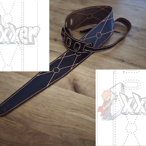 May include: A brown leather guitar strap with orange stitching and a diamond pattern. The strap has multiple holes for adjusting the length.