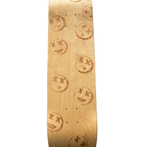 Wood Burned Engraved Skateboard |Smiley face Grind Design|