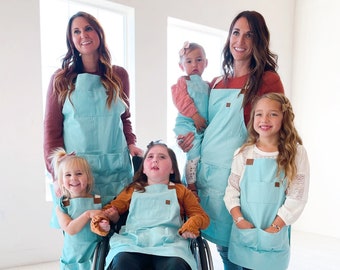 Modern Hand-Sewn Egg Apron - Teal with White Straps, Crossback - Adults & Kids Egg Gathering Aprons