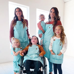Modern Hand-Sewn Egg Apron - Teal with White Straps, Crossback - Adults & Kids Egg Gathering Aprons