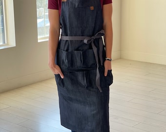 Hand-Sewn Denim Egg Gathering Apron: Leather Crossback, Long Pockets