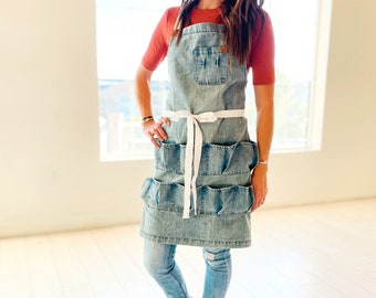 Hand-Sewn Denim Egg Gathering Apron: Leather Crossback, Adults & Kids
