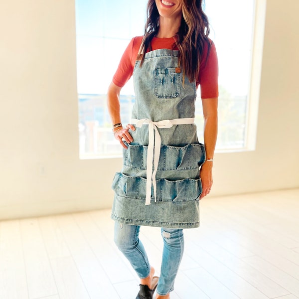 Modern Hand-Sewn Egg Apron - Washed Denim and Brown Leather, Crossback - Adults & Kids Egg Gathering Aprons